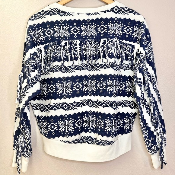 Cotton Citizen Nordic Print V Neck Fringe Detail Pullover Navy Blue - Picture 2 of 7